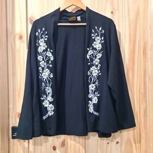 Bob Mackie Wearable Art Floral Embroidered Open Front Cardigan Cottagecore XL